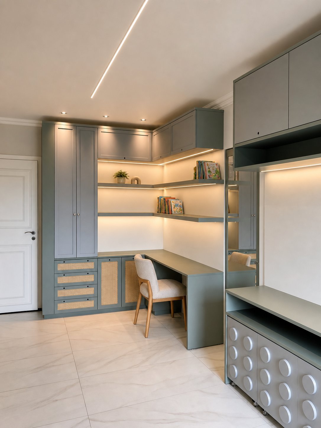Home office planejado com armários cinza, palha natural e LED